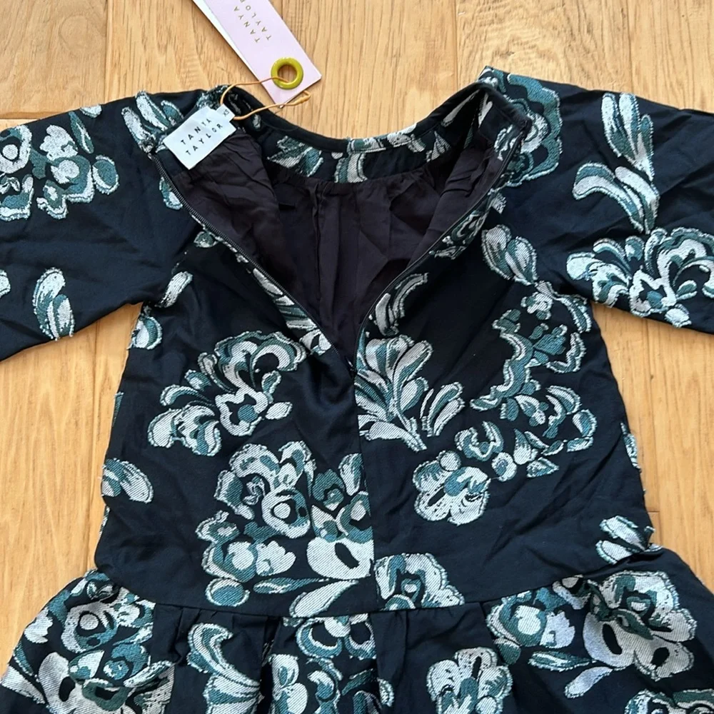 Tanya Taylor XS Mini Elisabeth Dress Black Bloom NWT Ruffle Hem Long Sleeves